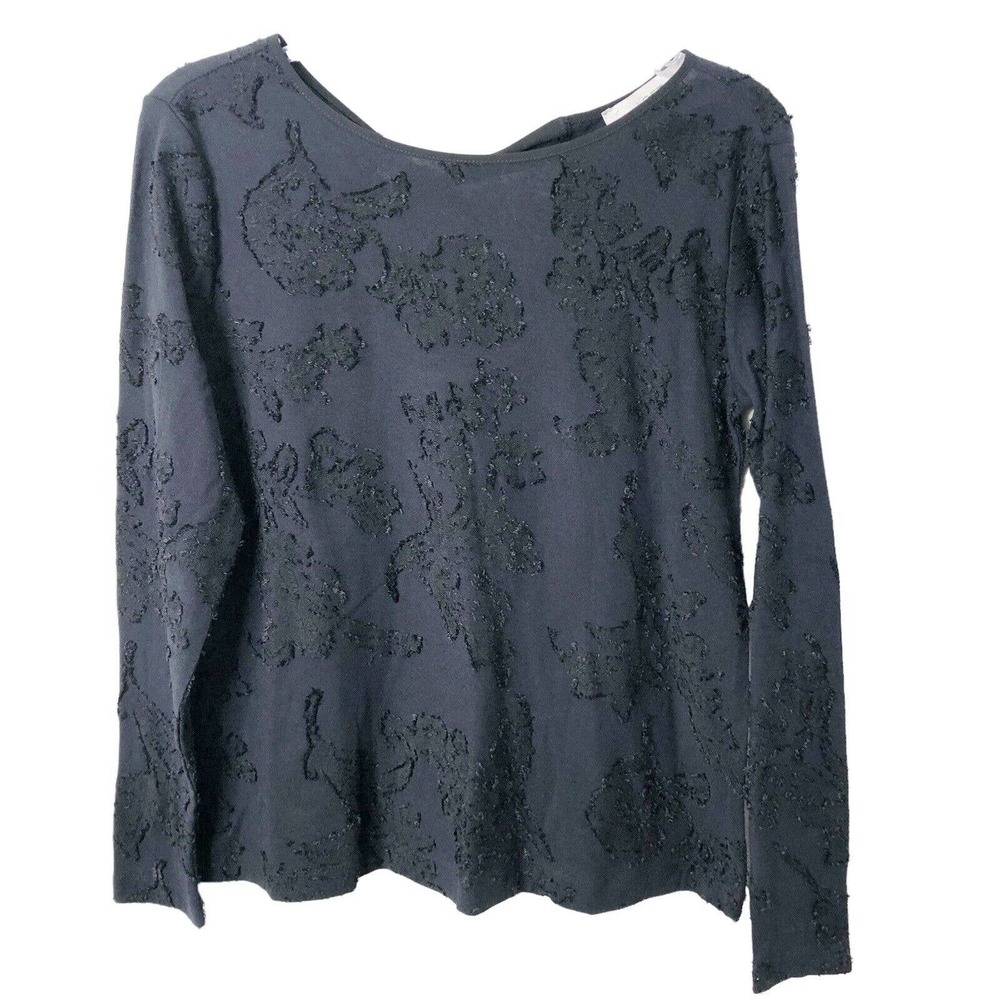 Ann Taylor Loft Women's Black Floral Textured Long Sleeve Back Tie Blouse Size S